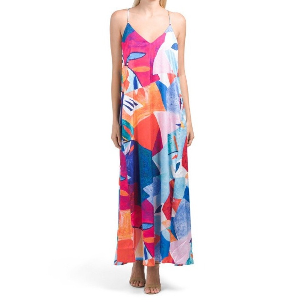 Nicole Miller New York Abstract Geometric Maxi Dress Multi Color V-Neck XS